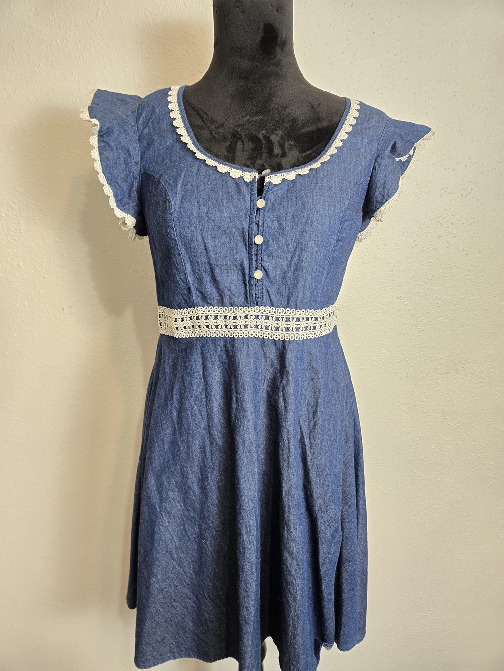 Blue Denim Lace-Trim Fit & Flare Dress Beauty And The Beast Medium